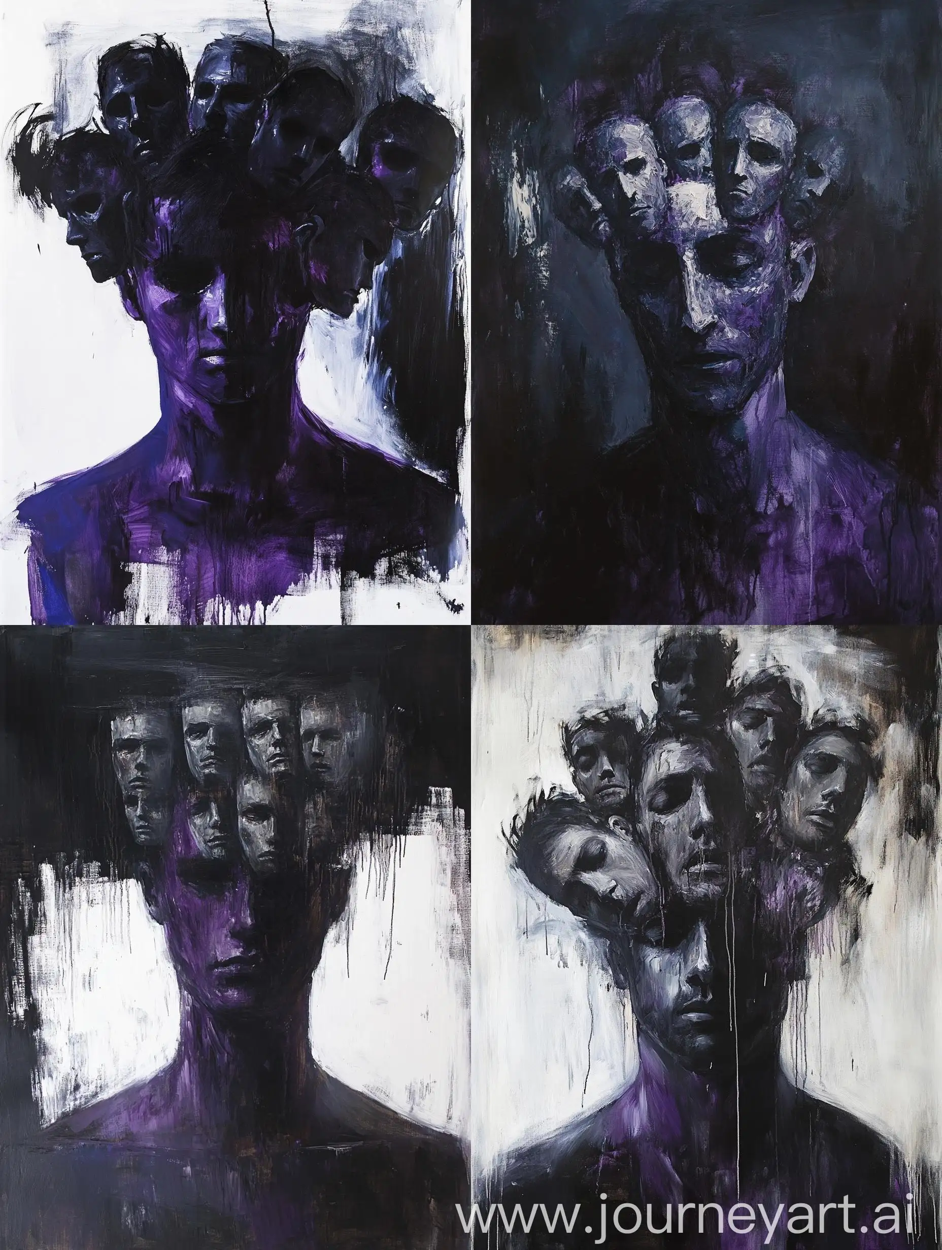 Abstract-Oil-Painting-of-Man-with-Multiple-Faces-in-Dark-and-Purple-Tones