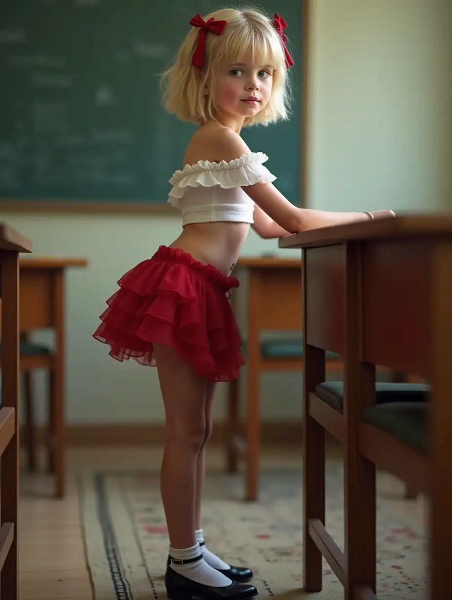 Very skinny little tiny thin girl. blue eyes. short curly blonde hair, bangs, bows. pale shiny skin. very narrow hips, stick thin very skiny legs. gauzy strapless short sleeved off the shoulder cropped bare midriff white blouse, bare tummy, tiny red ruffled miniskirt, low on her hips. white socks, black leather flats. standing on a rug in an empty classroom. Facing to the side. leaning forward with her forearms on a desk. looking over her shoulder toward the camera, she looks very nervous. Full length view, skinny legs and feet visible.