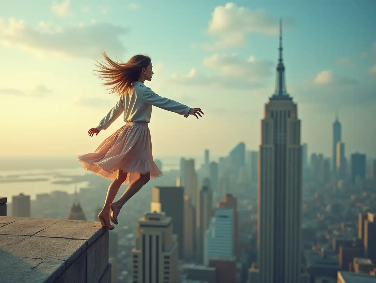 wind, GROWN-UP girl on the edge of a skyscraper