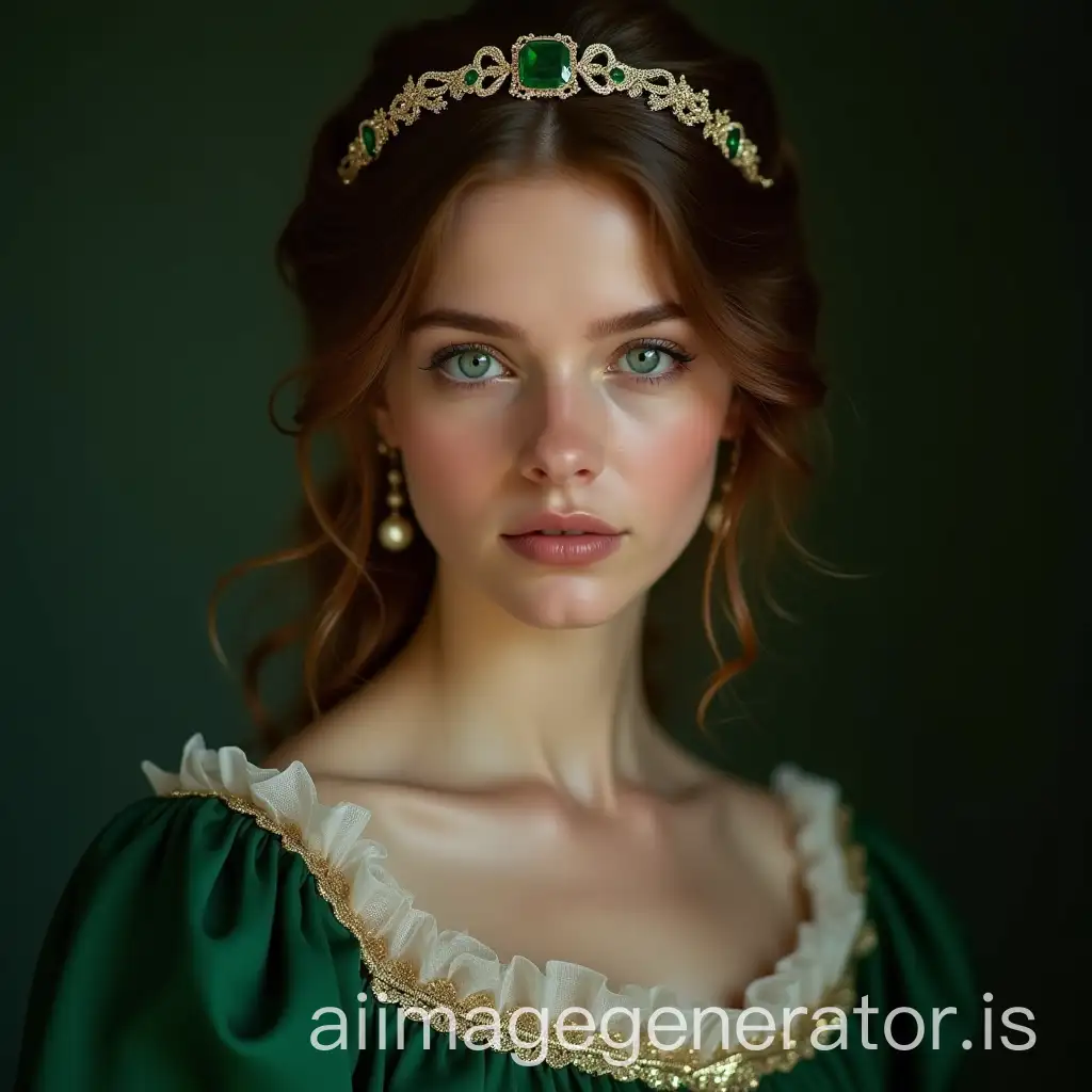 a 20 year old woman with brown hair and blue eyes in a green victorian dress with an emerald diadem in her hair