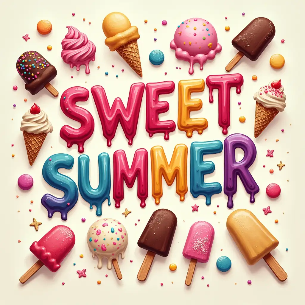 Oil painting ART. Create a vibrant, summer-themed graphic with the text 'SWEET SUMMER' in bold, colorful letters. The letters should have a playful, handwritten style, with a dripping effect to simulate melted ice cream. The background should be a light, pastel color with a subtle texture, like linen. Surround the text with various types of ice cream, including popsicles, ice cream cones, and ice cream bars, all dripping with colorful syrups and sprinkled with glitter. The ice cream should have a realistic, melting appearance, with detailed textures and vibrant colors. The overall style should be lighthearted and fun, with a focus on the sweetness of summer.