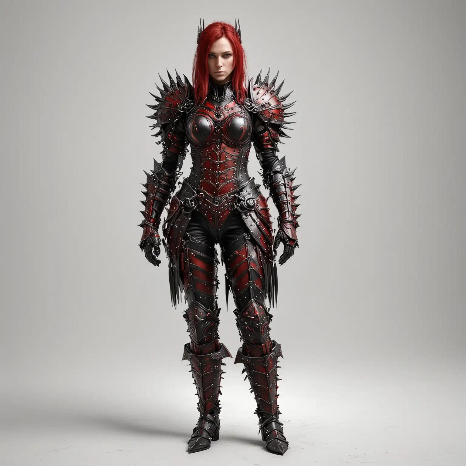 Fantasy-Female-Warrior-in-Black-and-Red-Steel-Armor-with-Spikes