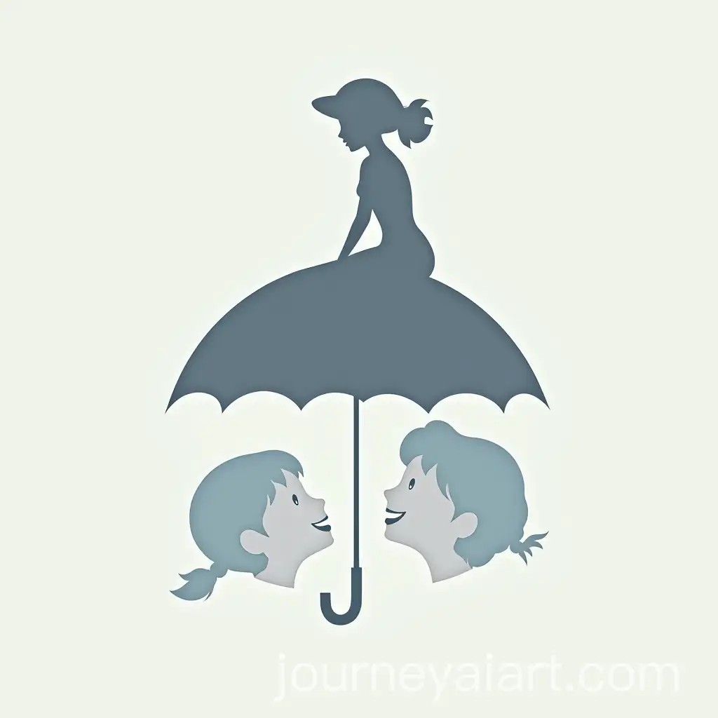 Graceful-Woman-on-Umbrella-with-Smiling-Children-in-Minimalist-Vector-Art