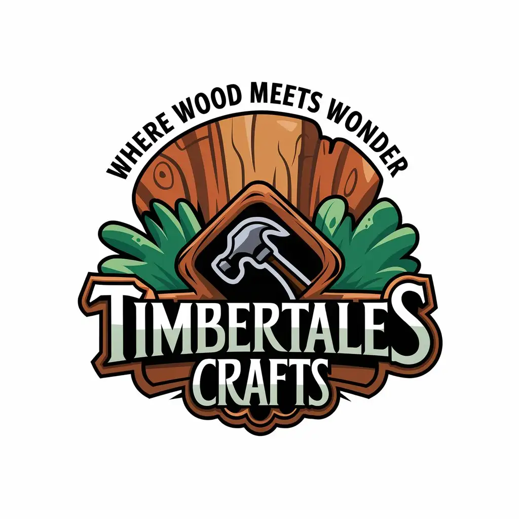 LOGO Design for TimberTales Crafts Cartoonish Woodworking Theme with Hammer and Diamond Elements