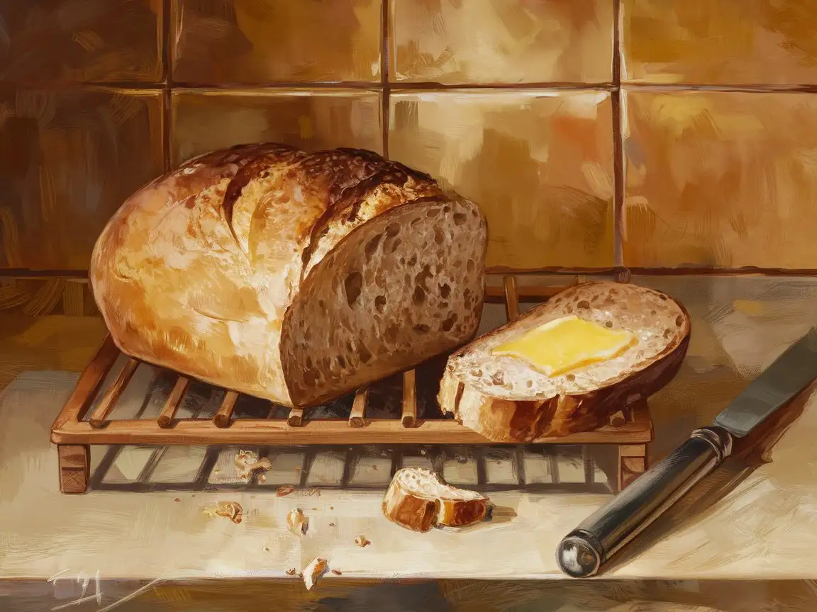 A freshly baked loaf of sourdough sits on a wooden cooling rack atop a rustic kitchen counter. One slice has been cut and rests beside it, with a pat of butter just starting to melt. Crumbs are scattered naturally, and steam rises faintly from the bread. A butter knife lies nearby, its blade catching soft morning light. The background is simple—warm-toned tiles or a timber splashback, slightly out of focus. Rendered in gouache-inspired flat layering, with warm matte textures and soft colour blocks that evoke a feeling of quiet domestic beauty.