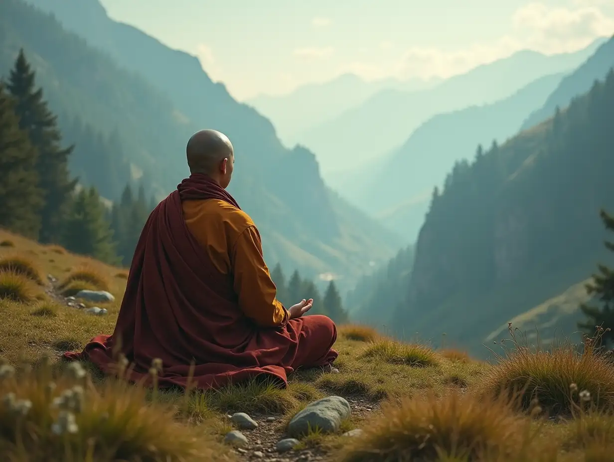 a budist monk meditating in valley, ultra realistic, cinematic scene, hyper realistic photo realistic