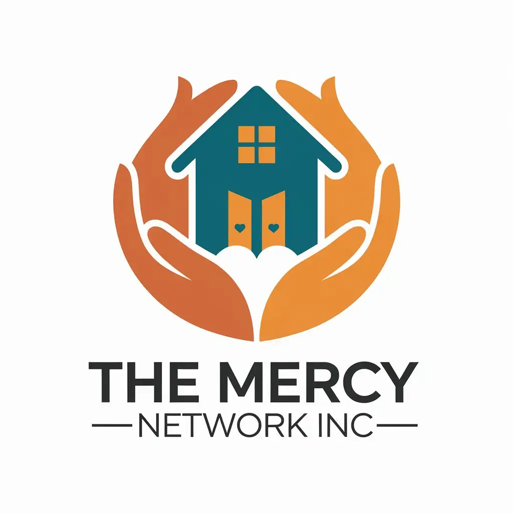 LOGO Design For The Mercy Network Inc Modern Symbol with House Heart and Hands in Teal and Orange