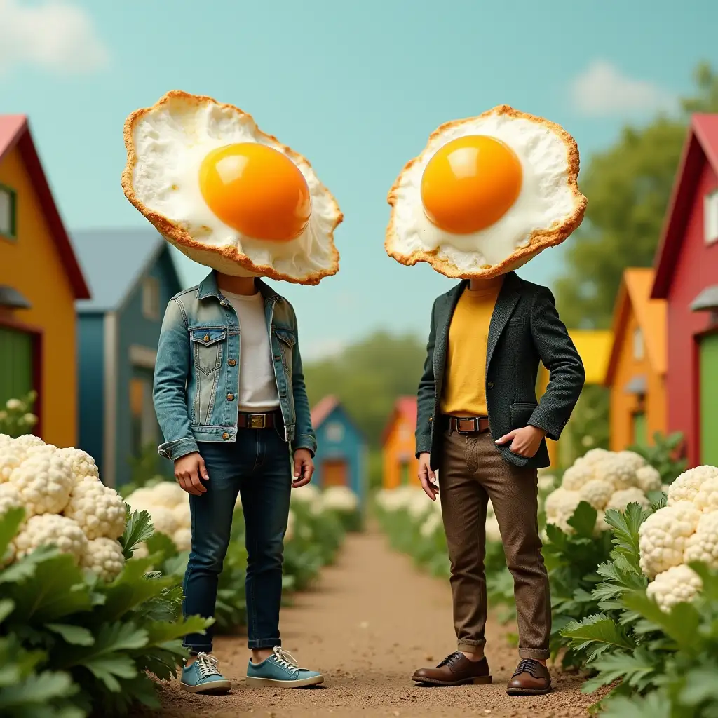 Humans-with-Fried-Egg-Heads-in-a-Colorful-Vegetable-Village