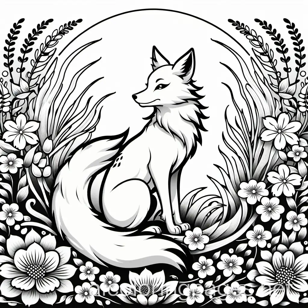 A mythical nine-tailed fox, a symbol of Japanese folklore, sitting in a field of flowers, Coloring Page, black and white, line art, white background, Simplicity, Ample White Space