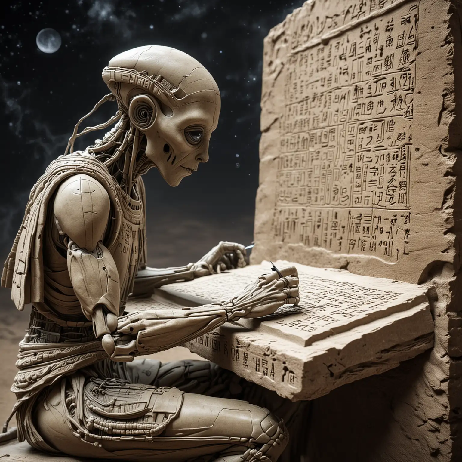 extraterrestrial humanoid being writing information on a stone tablet