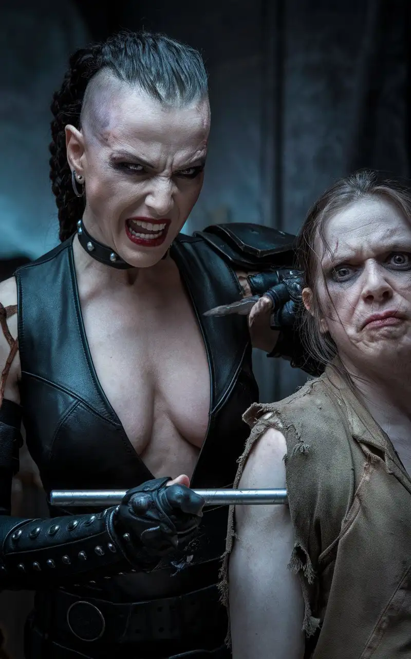 mature Mord-Sith with a plunging neckline and evil angry smile tortures a prisoner