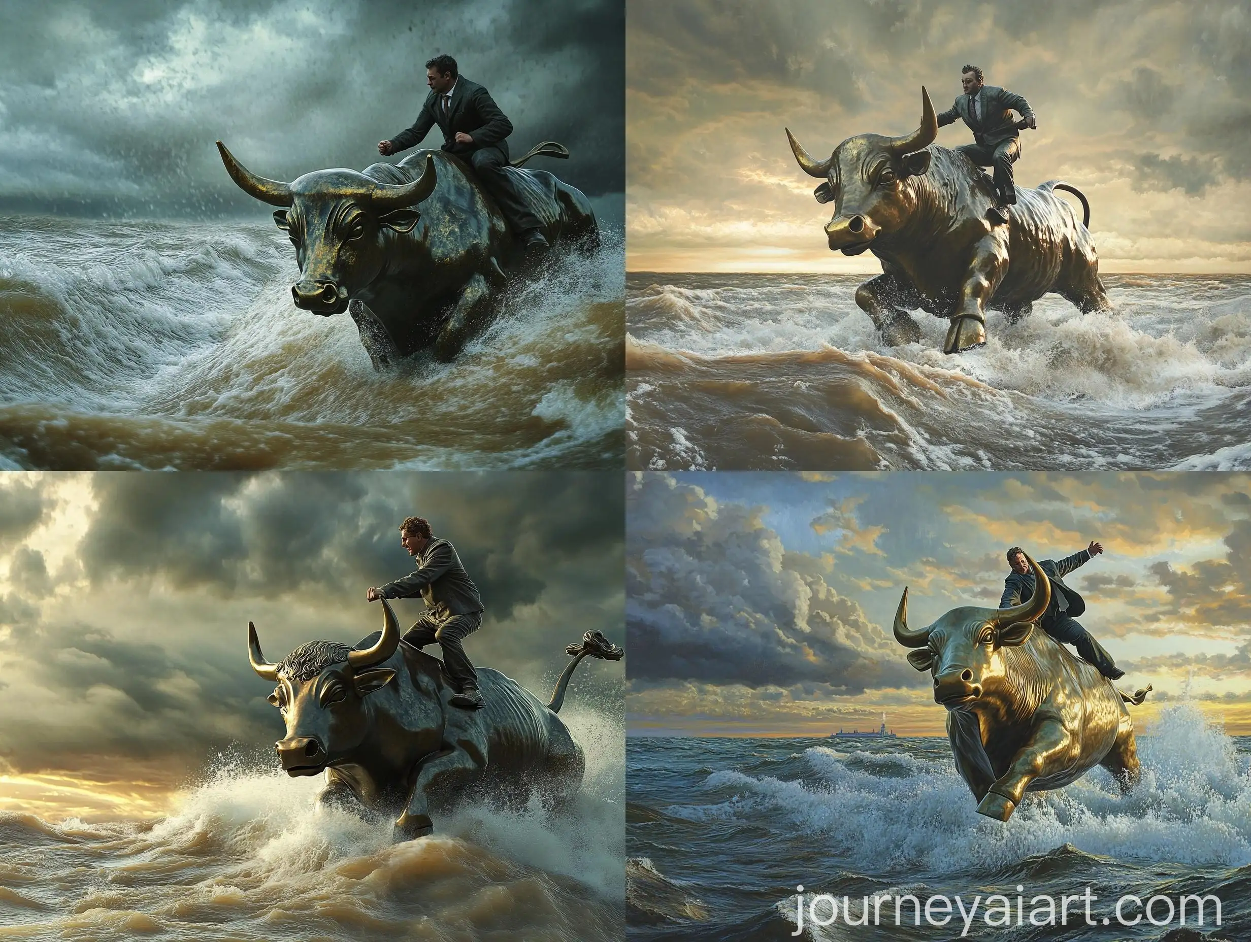 Wall-Street-Broker-Riding-Bull-Sculpture-in-Stormy-Waters