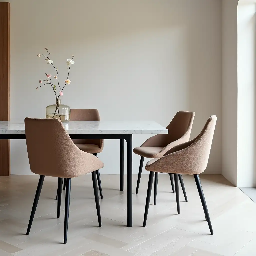 a dining table with a ceramic countertop combined with soft chairs on metal legs in a minimalist interior