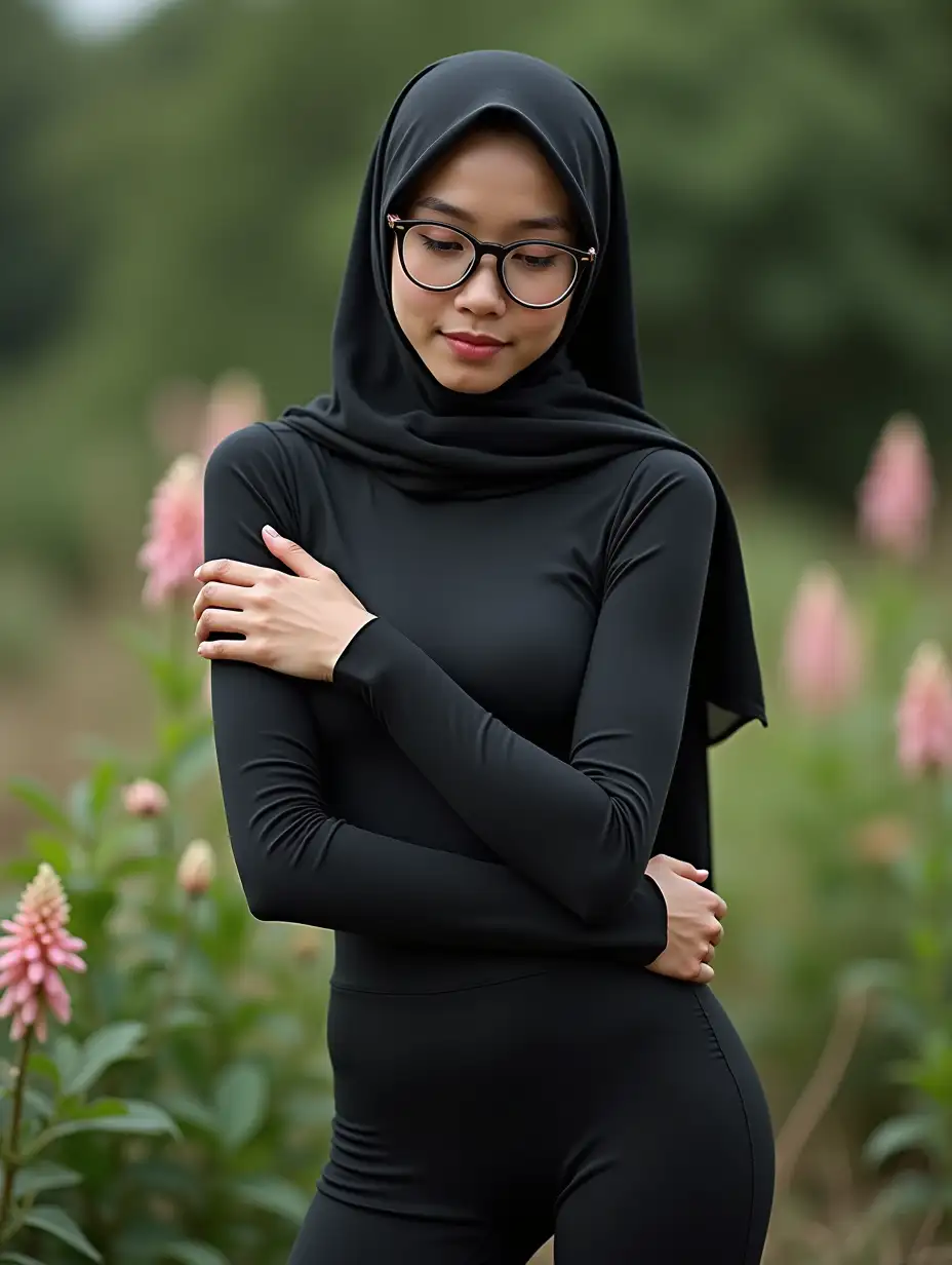 Young-Asian-Woman-in-Black-Hijab-and-Swimsuit-in-Garden-Setting