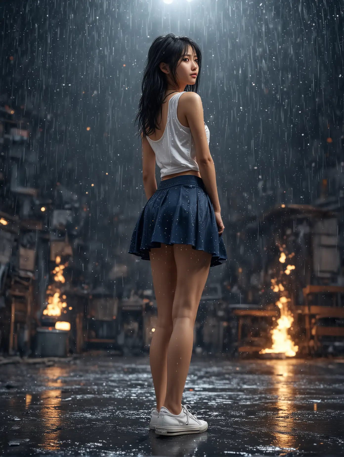 Asian-Woman-in-White-Tank-Top-and-Dark-Skirt-with-Golden-Sparkling-Rain-and-Fire-in-Dark-Space