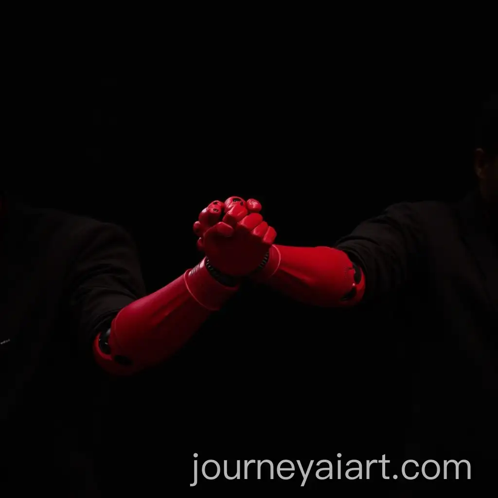 Red-Robot-Arm-Wrestling-Human-Arm-in-Black-Suit-on-Black-Background
