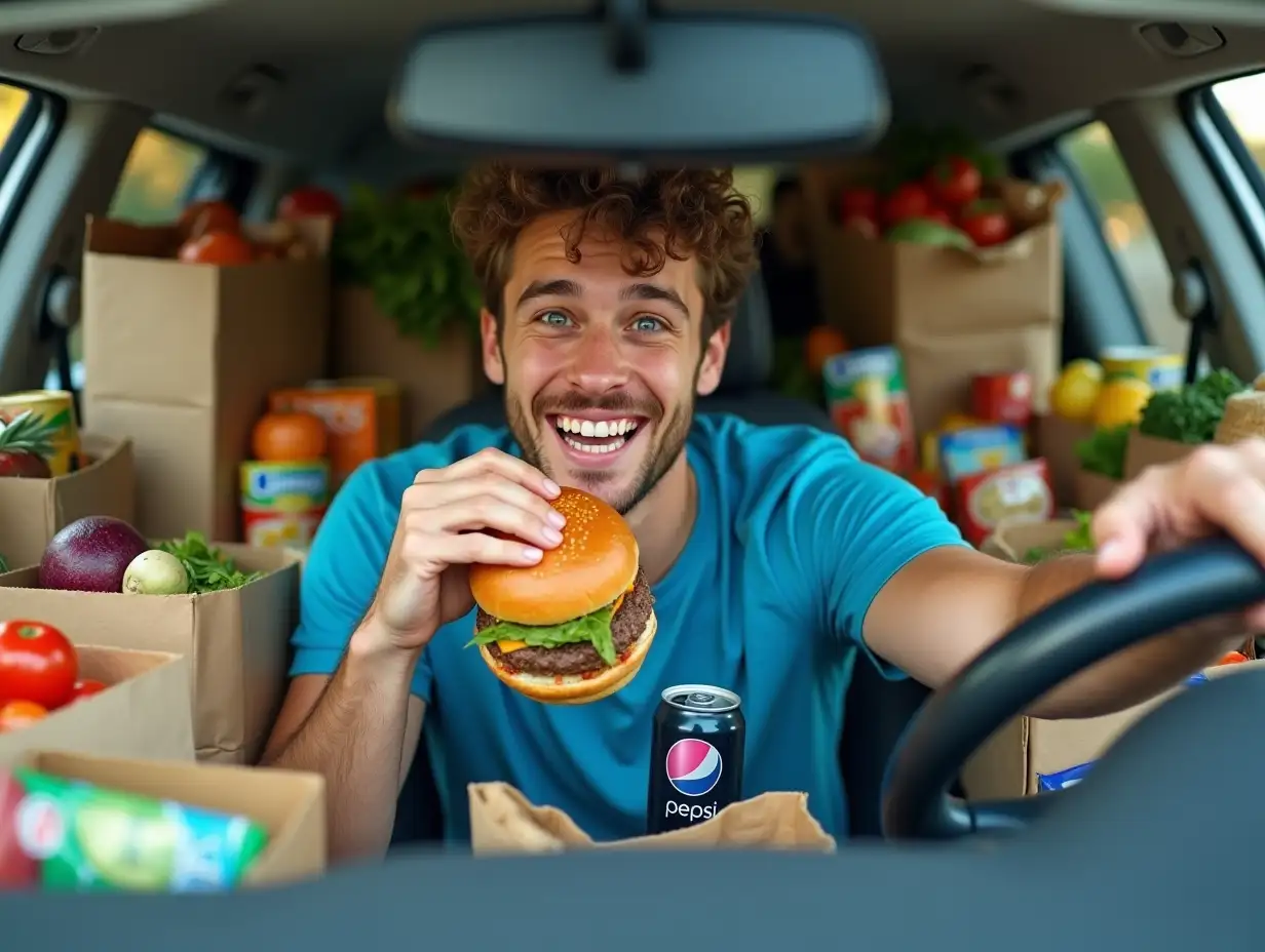 Front view of a car with a young European man with blue eyes and a blue T-shirt sitting in the driver’s seat, surrounded by an overwhelming amount of groceries and food products stacked and piled around him, filling almost every available space in the car. He looks very happy. In the foreground, he holds a delicious burger in one hand, biting into it with his teeth, while holding a cold can of Pepsi Zero in the other hand. Bags of fresh vegetables, fruits, canned goods, and snacks cover the passenger seat, dashboard, and back seat. The car's interior is brightly lit, emphasizing the vivid colors of the food packaging, creating a chaotic yet playful scene - ultra-detailed, hyper-realistic photography style, 4k resolution, high dynamic range