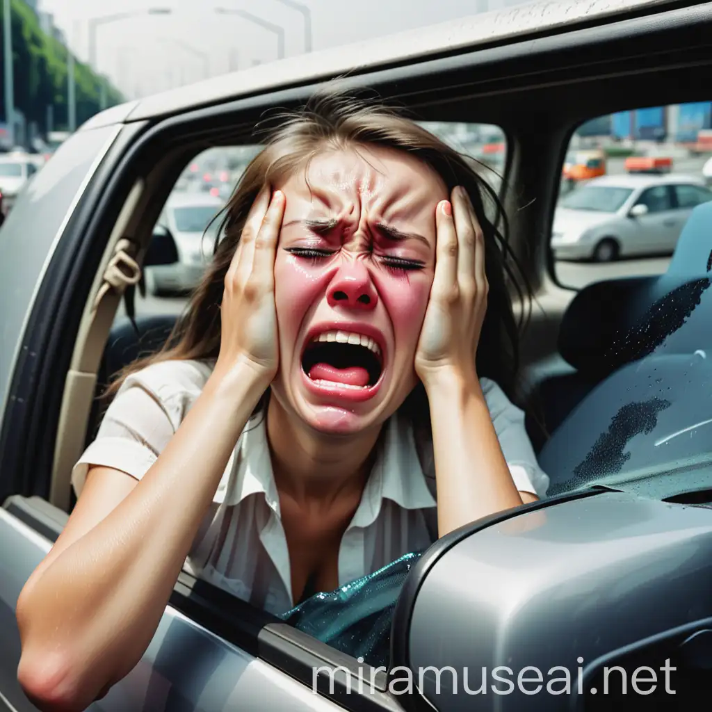 Stressed Woman Commuting in Urban Traffic