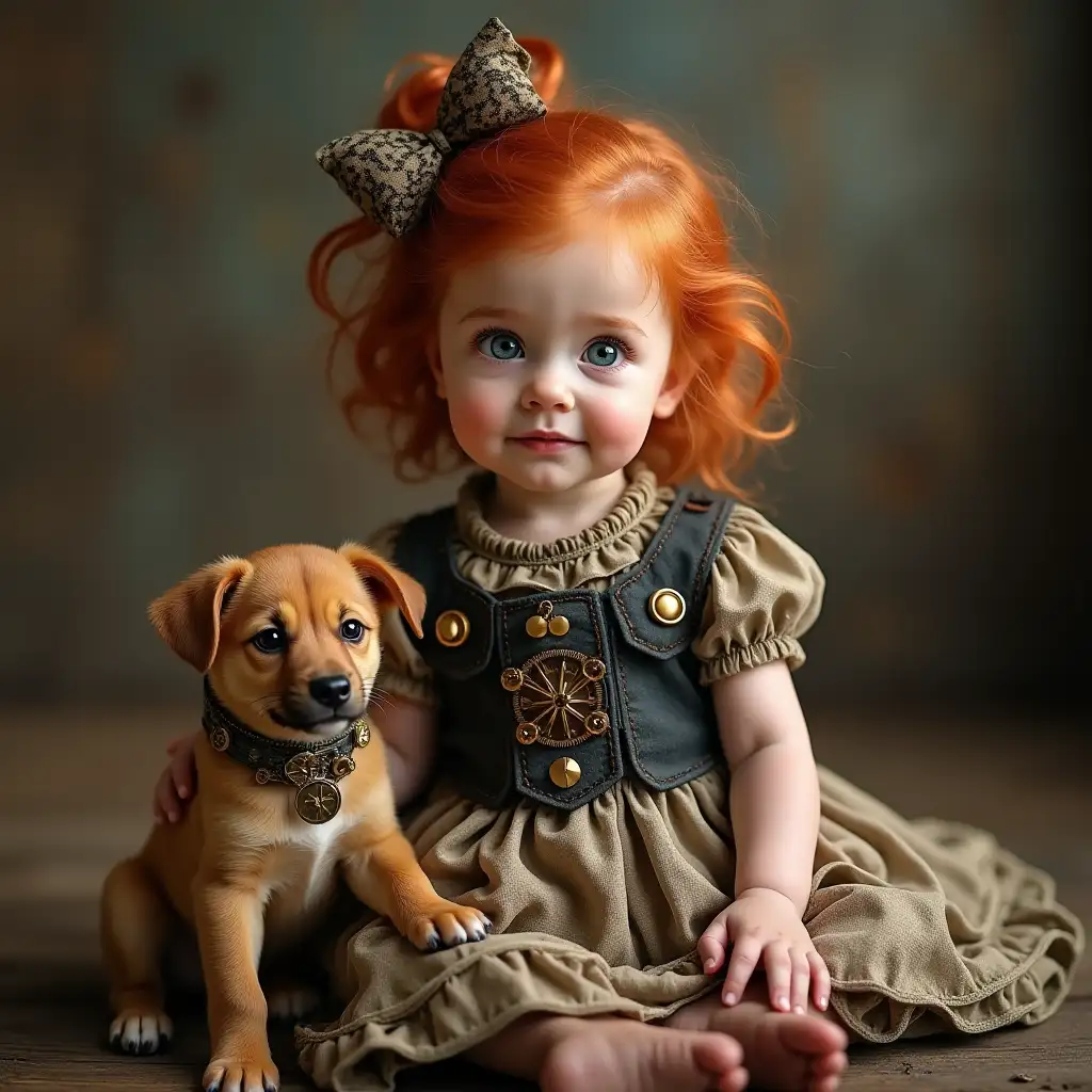 Realistic Scottish American Infant in a Steampunk Dress with Puppy