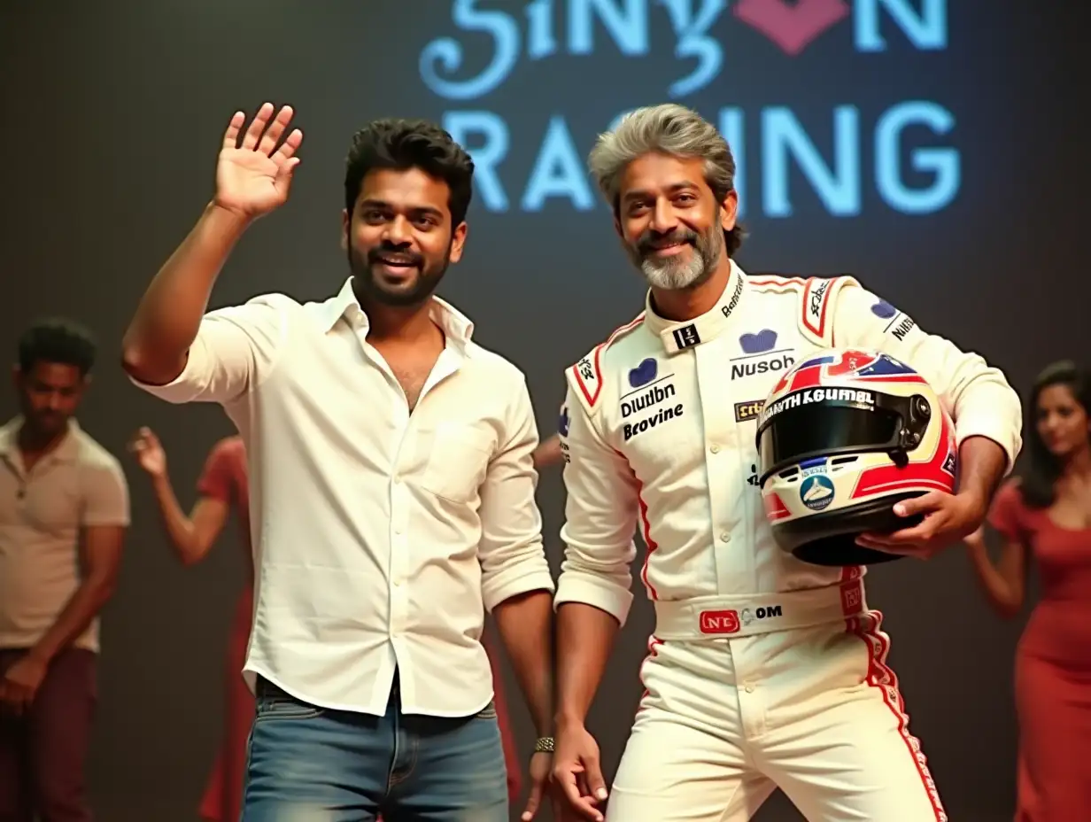 Two South Indian men, likely actors, are positioned in a dynamic, dancing pose.  The man on the left Indian actor Vijay, wearing a white button-down shirt and blue jeans, has a slight smile and is saluting in the air with one hand raised.  The man on the right Indian actor Ajith,  with graying hair and a substantial beard, in a white racing suit with red accents and a sponsor logo, stands prominently holding a racing helmet. The suit has the brand name 'AJITH KUMAR RACING' on it., is also smiling and has his arm raised, mirroring the other.  Their expressions are lively and suggestive of a performance.  The setting appears to be a brightly lit indoor location, possibly a studio or stage, with  a subtle,  non-uniform, slightly blurred background of other people performing or watching.  The lighting is somewhat theatrical, and the overall color palette tends towards warmer tones, with a dynamic interplay of light and shadow.  The style is somewhat cinematic, suggesting a still from a film or music video; a slightly impressionist rendering might well suit this.  The quality of the image is medium, leaning toward a slightly grainy or pixelated rendition.  A keen attention to detail and expression is crucial.