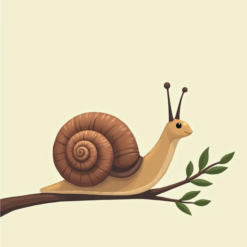 Snail Climbing Branch with Antennae and Leaves Clip Art