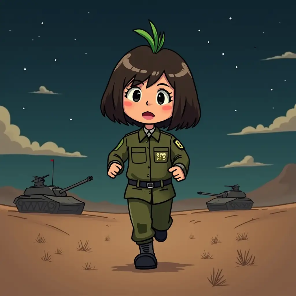 Draw an animated movie style person, with a bob haircut, face is simple line drawing type, mouth is a triangular shape, a green small grass bud on the head, wearing a military uniform with 5r5 written on it, running at night in the desert with airplane tank templates