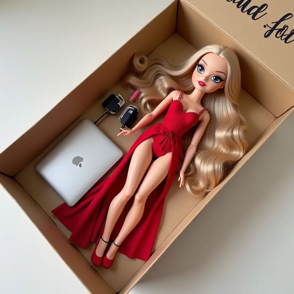 Create a doll in my image. The doll is full size and is located inside a box. The box is made of [beige] cardboard, the front part of which is covered with transparent plastic. The style of the doll is [Bratz]. In the box next to the doll there are accessories: [MacBook, iPhone16 Pro Max, lipstick]. The inscription on the top side of the box is [Lashes], under it - [VikaFox]. The doll's clothing: [red evening dress, red high heels].