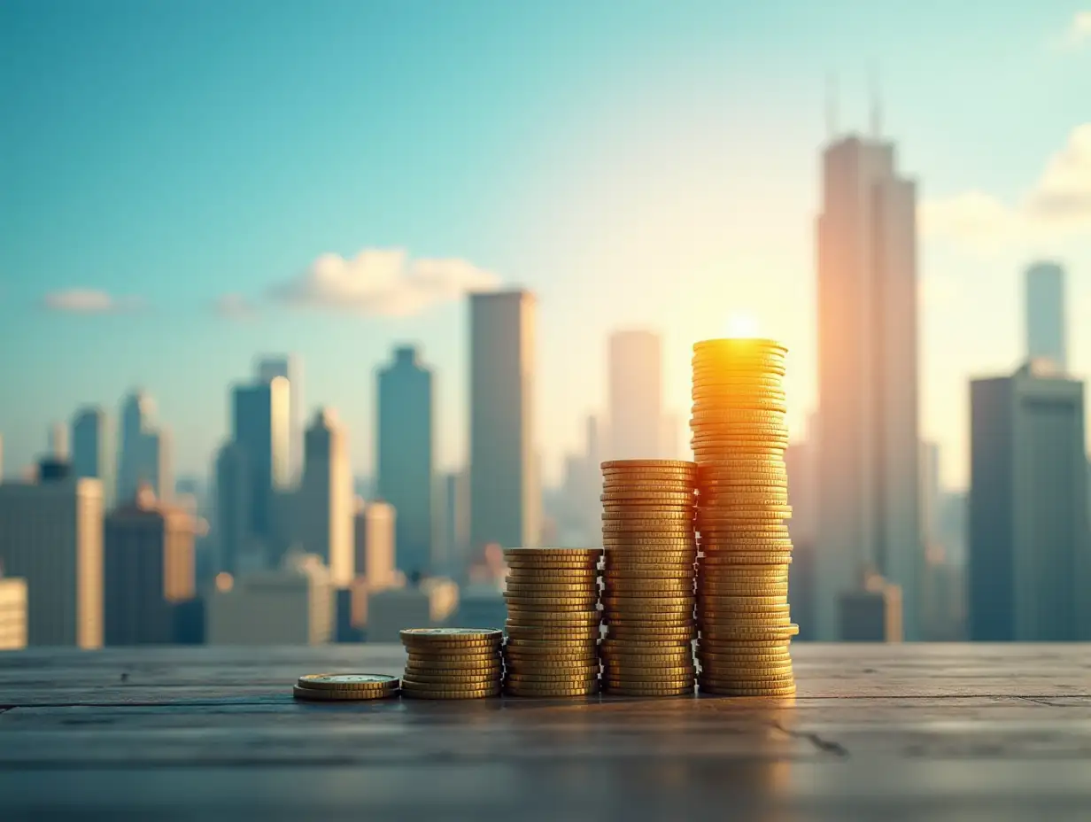 Financial-Growth-Concept-Skyscrapers-Rising-from-Stacked-Coins-in-Vibrant-City-Skyline