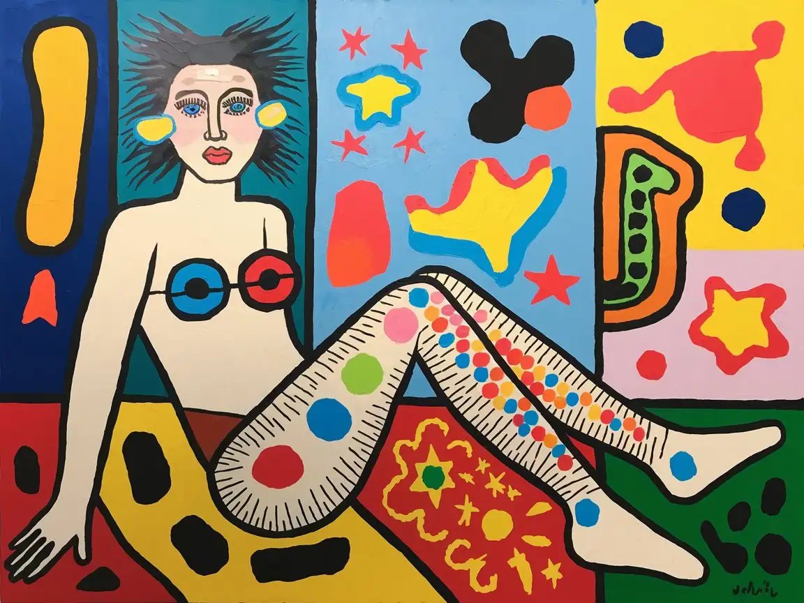 create an oil painting based on artists like Piet Mondrian and Yayoi Kusama. cubism, conceptualism, woman and abstraction, feminism, plastic surgery, hairy legs