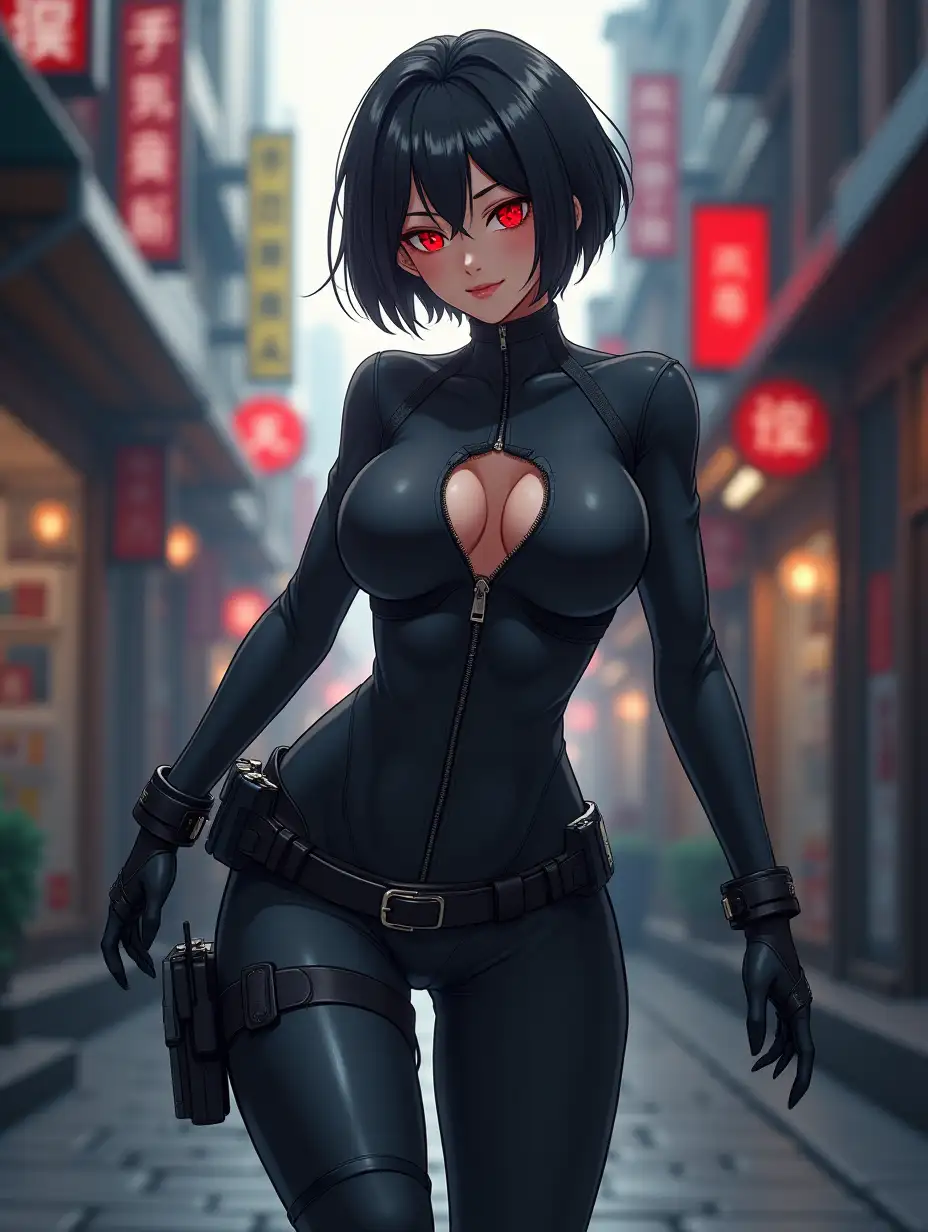 Short hair, mature Asian woman thief cyber runner in a dynamic full-length pose, eyes with red electronic pupils, large breast, extreme skintight body glove zipped down with cleavage, combat boots and combat belt. Full view of her body from boots up, low wide angle. Future store filled city alley street. Anime