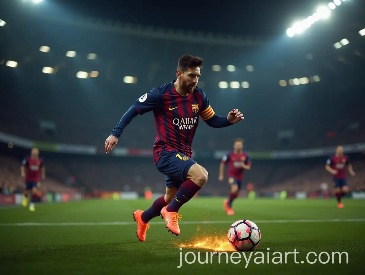 Messi-in-Tottenham-Hotspur-Kit-Running-with-Fire-on-Football-Pitch-at-Night
