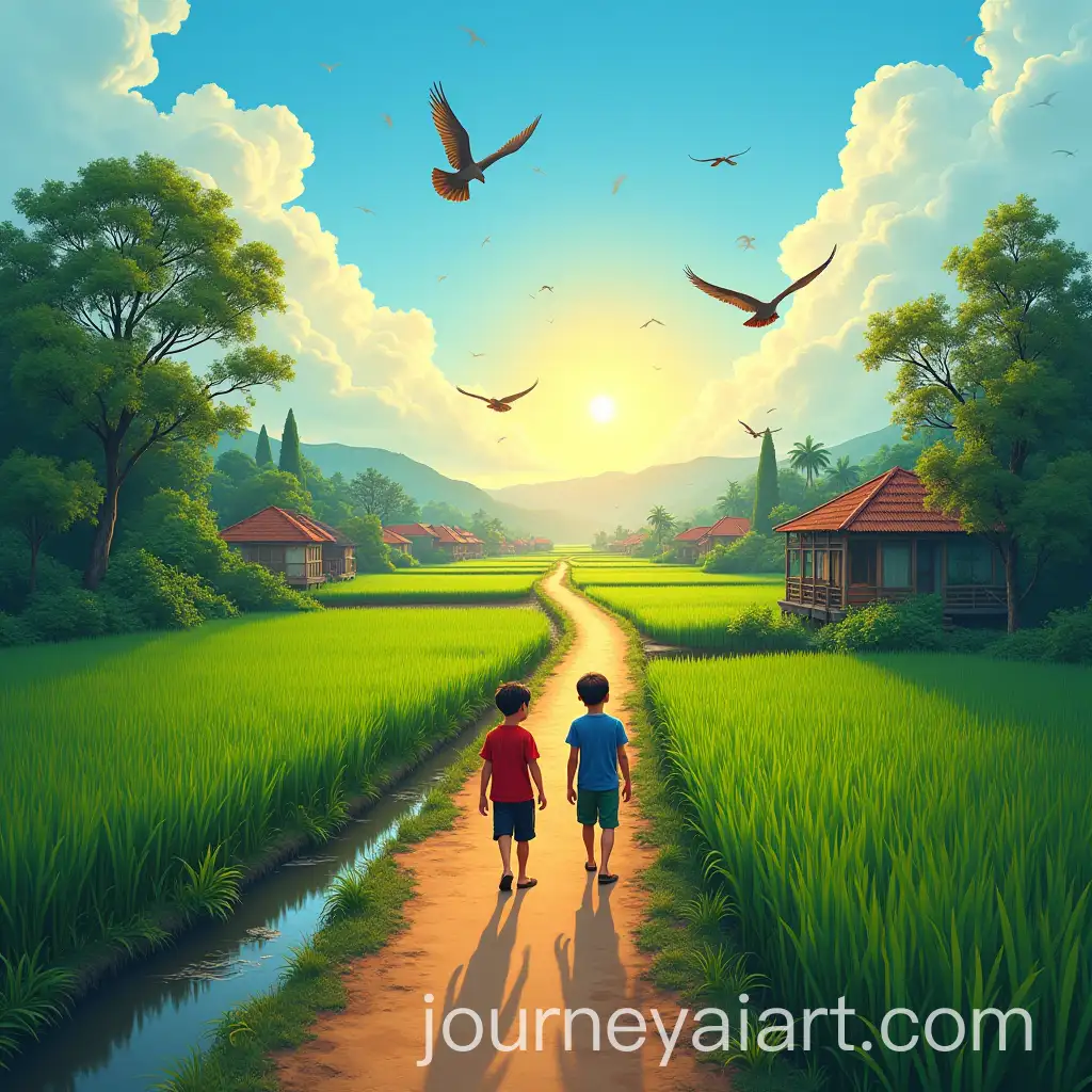 Boys-Strolling-Through-a-Colorful-Rural-Village-at-Sunset