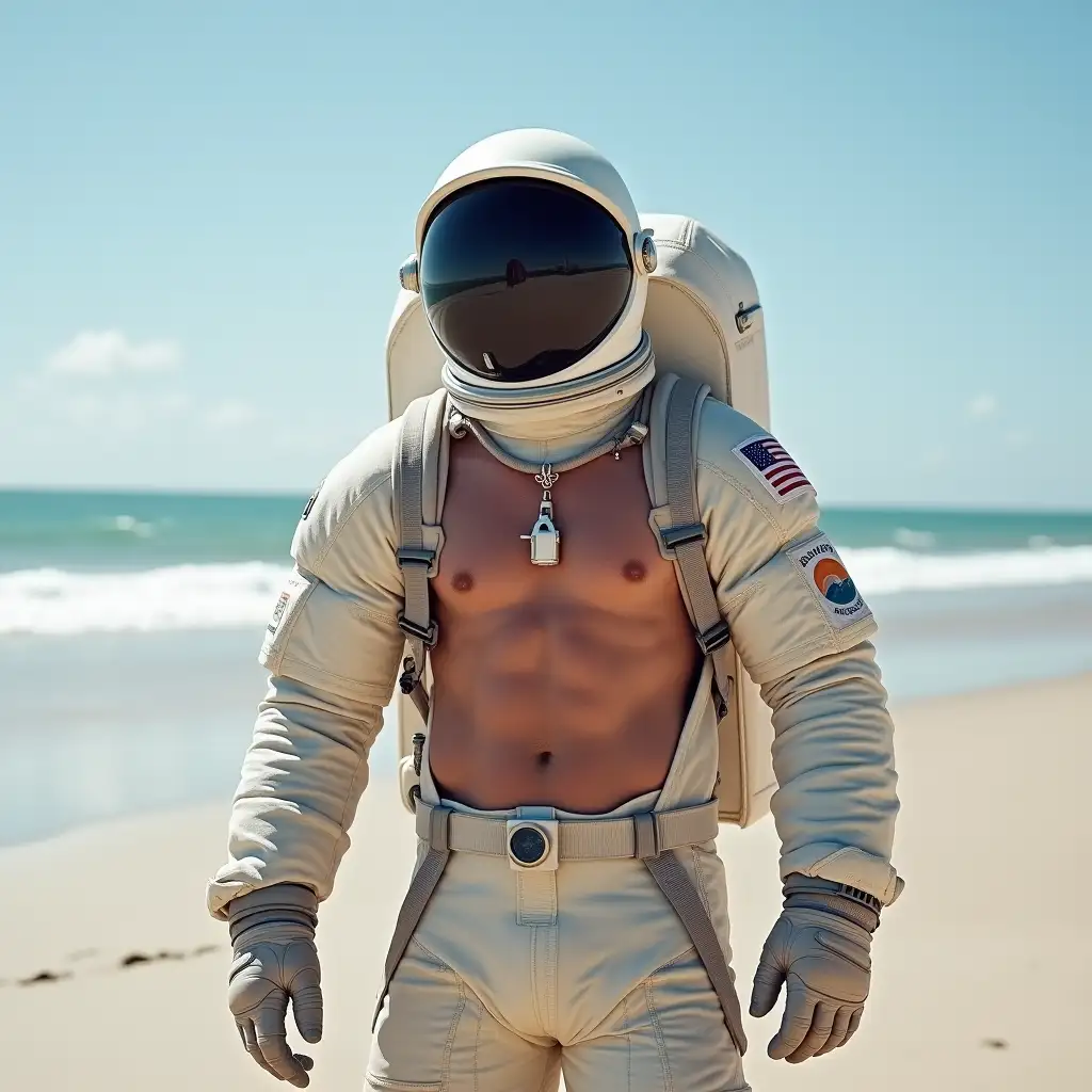 An astronaut on the beach is only bare-chested on the upper body showing muscles. The other parts are wearing an astronaut suit and also carrying astronaut equipment.