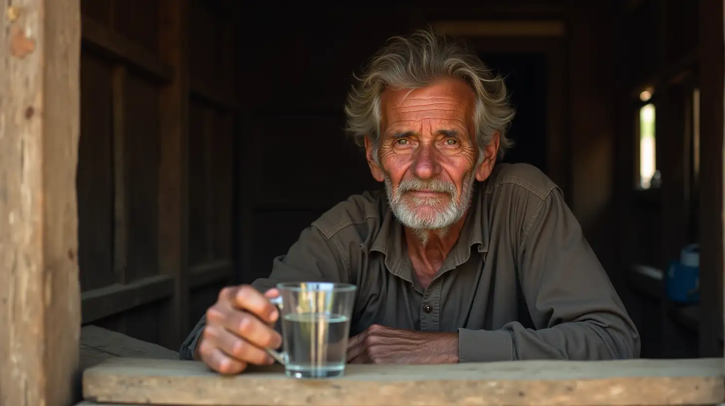 Elderly Man in a Simple Rural Hut with a Calming Presence