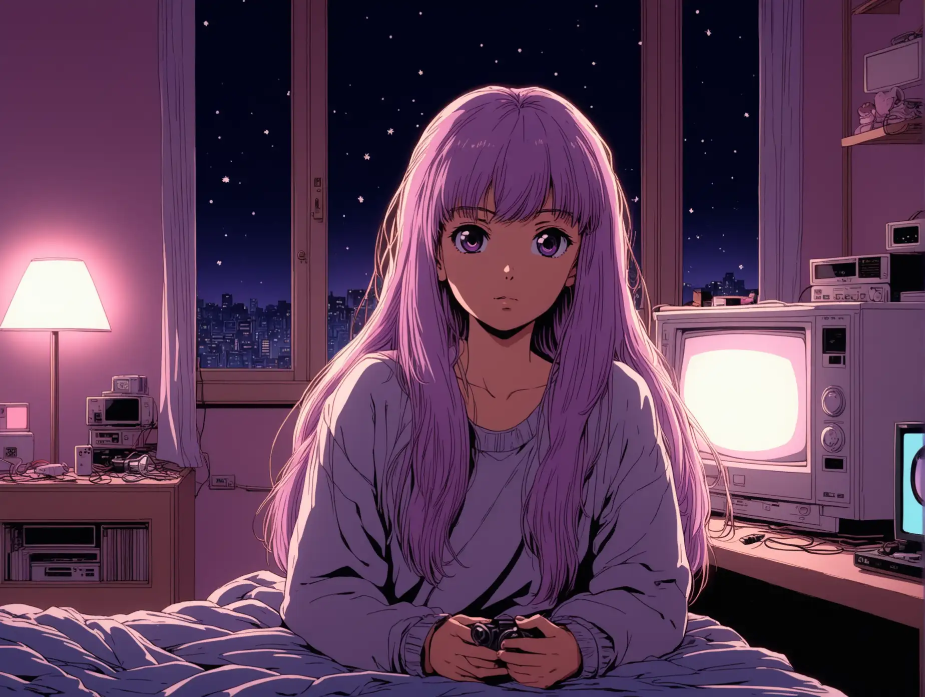 Cozy-80s-Citypop-Manga-Girl-with-Light-Purple-Hair-in-Nighttime-Room