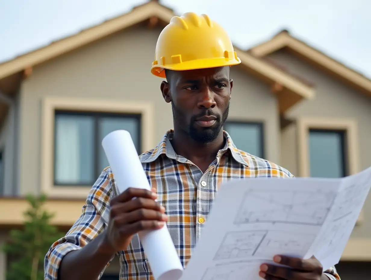 Create a realistic photograph of an African man wearing a yellow hard hat and a plaid shirt, holding a rolled up blueprint. He is standing in front of a house with a sloping roof and several windows in the background, his expression is worried due to the construction issues at hand. The image should evoke the challenges and concerns related to the construction industry.