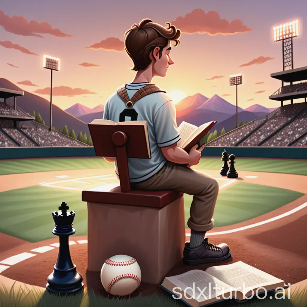 Character-Sitting-in-a-Baseball-Park-with-Sunset-and-Mountains-Holding-Chess-Piece-and-Book