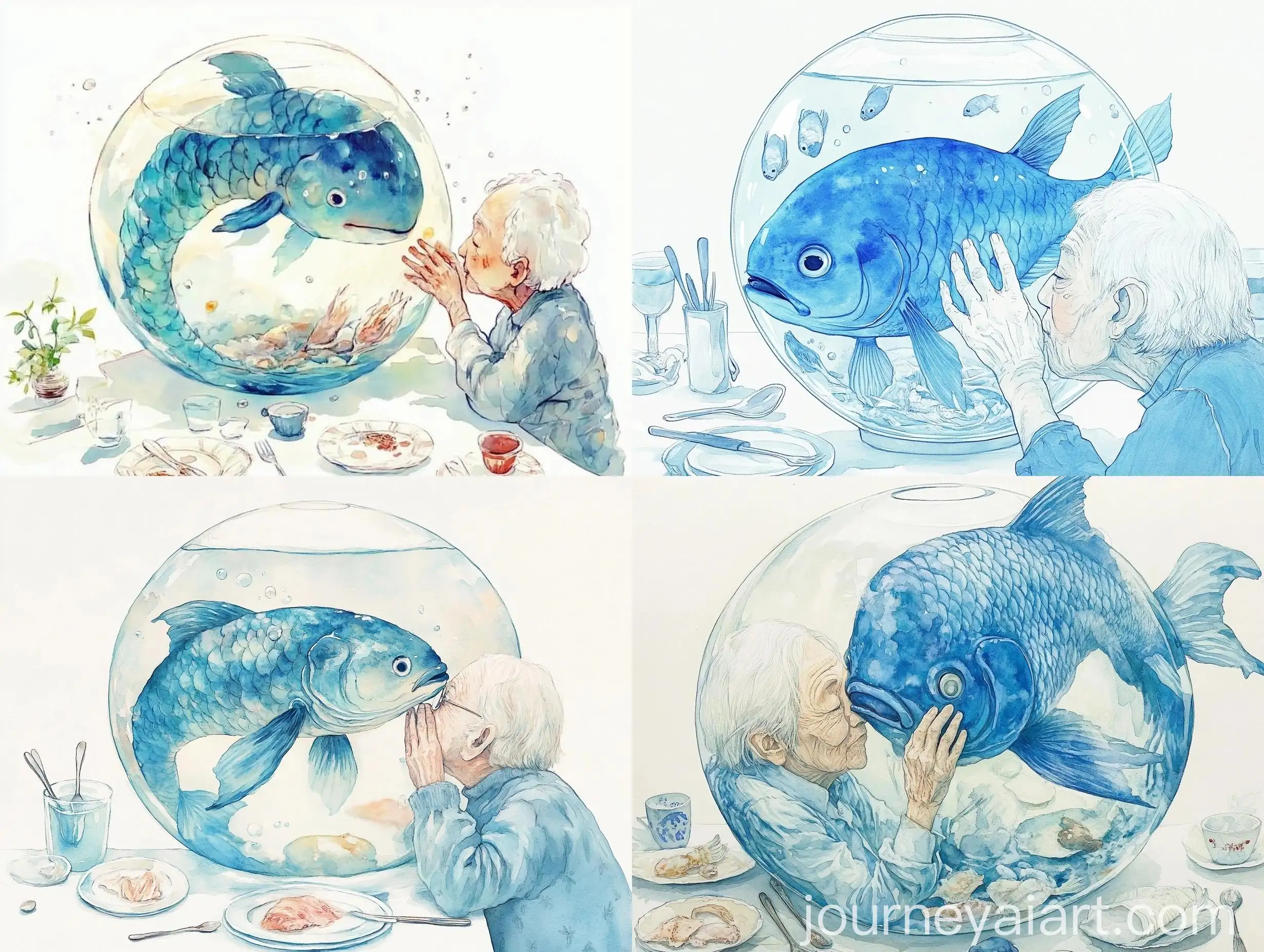 Surreal-Watercolor-Illustration-Mermaid-and-Elderly-Person-in-Fishbowl-Scene