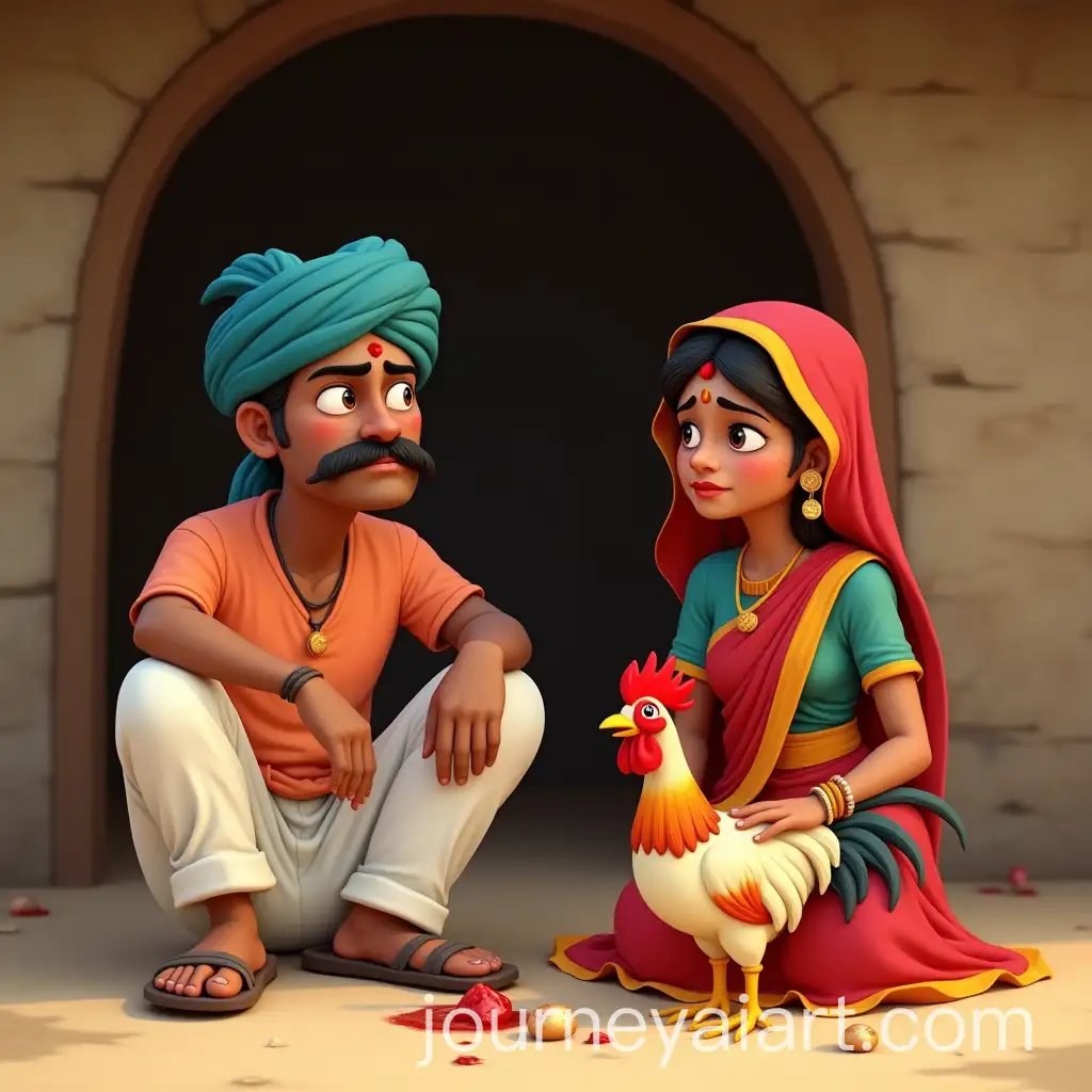 PixarStyleAI-Image-Prompt-Expansion-Indian-Farmer-and-Woman-Grieving-in-Front-of-Hut-with-Dead-Chicken-and-Golden-Egg-Pieces