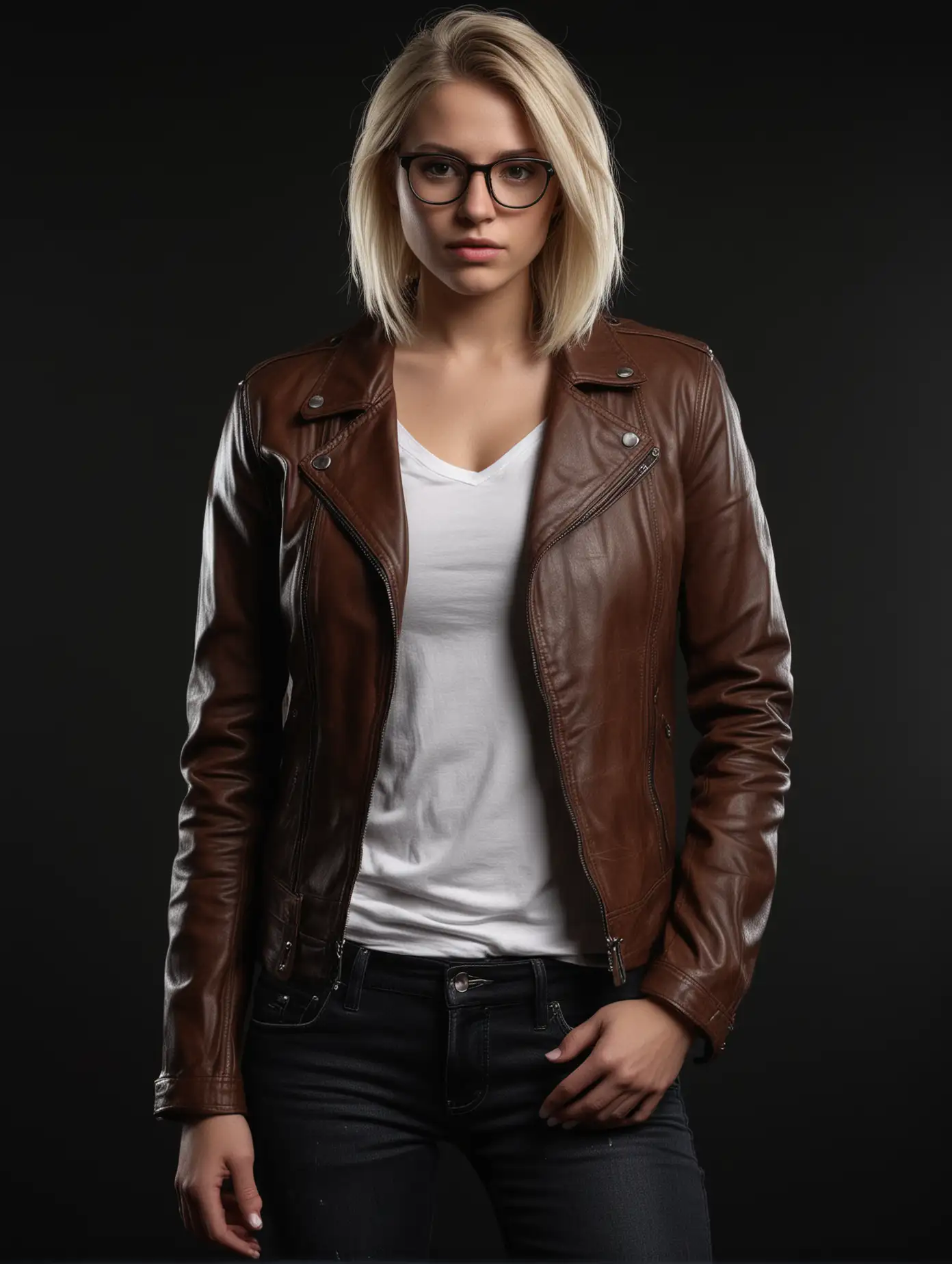 Blonde-Model-in-Brown-Leather-Jacket-with-Sharp-Features-in-Dark-Studio-Setting