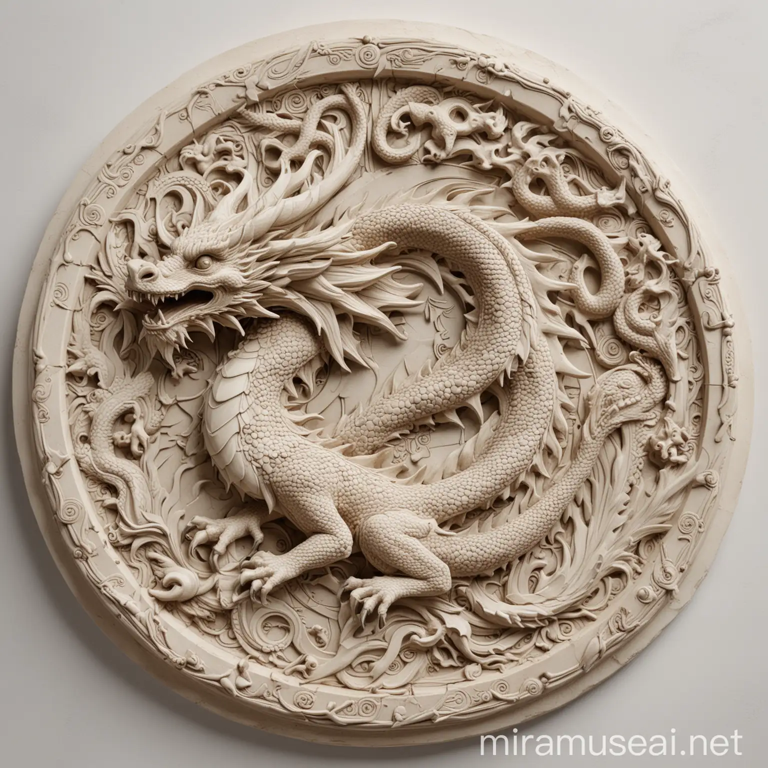 Circular BasRelief Dragon Sculpture on White Background