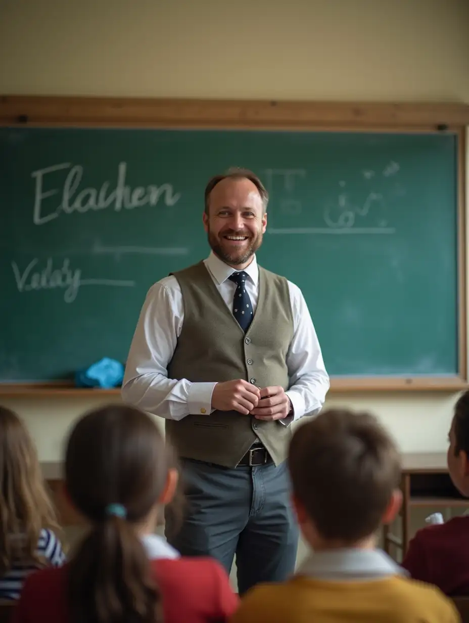 teacher man with a smile at the head of the class