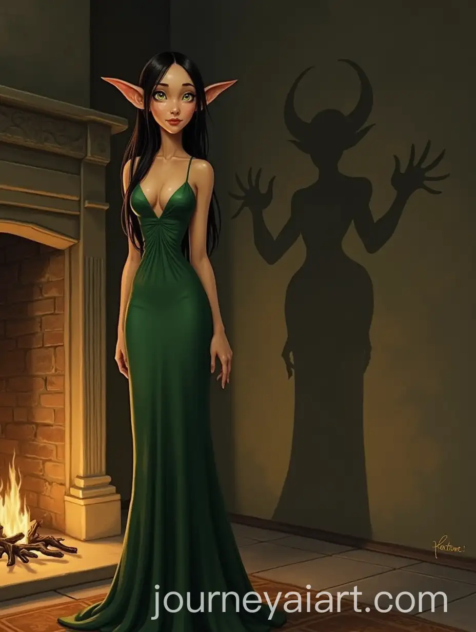 Tall-Elf-withAI-Image-Prompt-Expansion-Green-Dress-and-Shadow-of-Horned-Monster-by-the-Fireplace