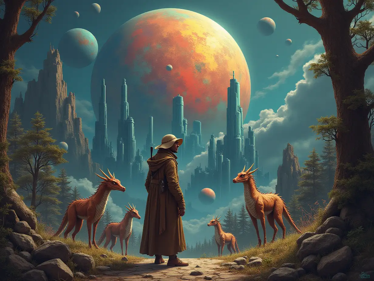 Ultradetailed life-true reproduction portrait of a Multiverse time traveler with various strange creatures with futuristic glass towers, dragons in front of a richly detailed, colorful, wooded alien planet