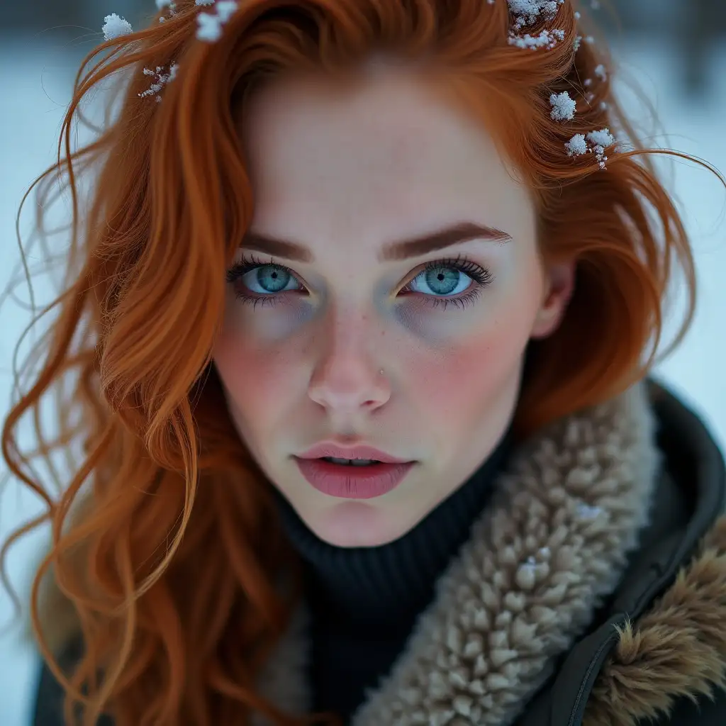 CloseUp-Portrait-of-a-Woman-with-Ginger-Hair-and-Blue-Eyes-in-Snowy-Landscape