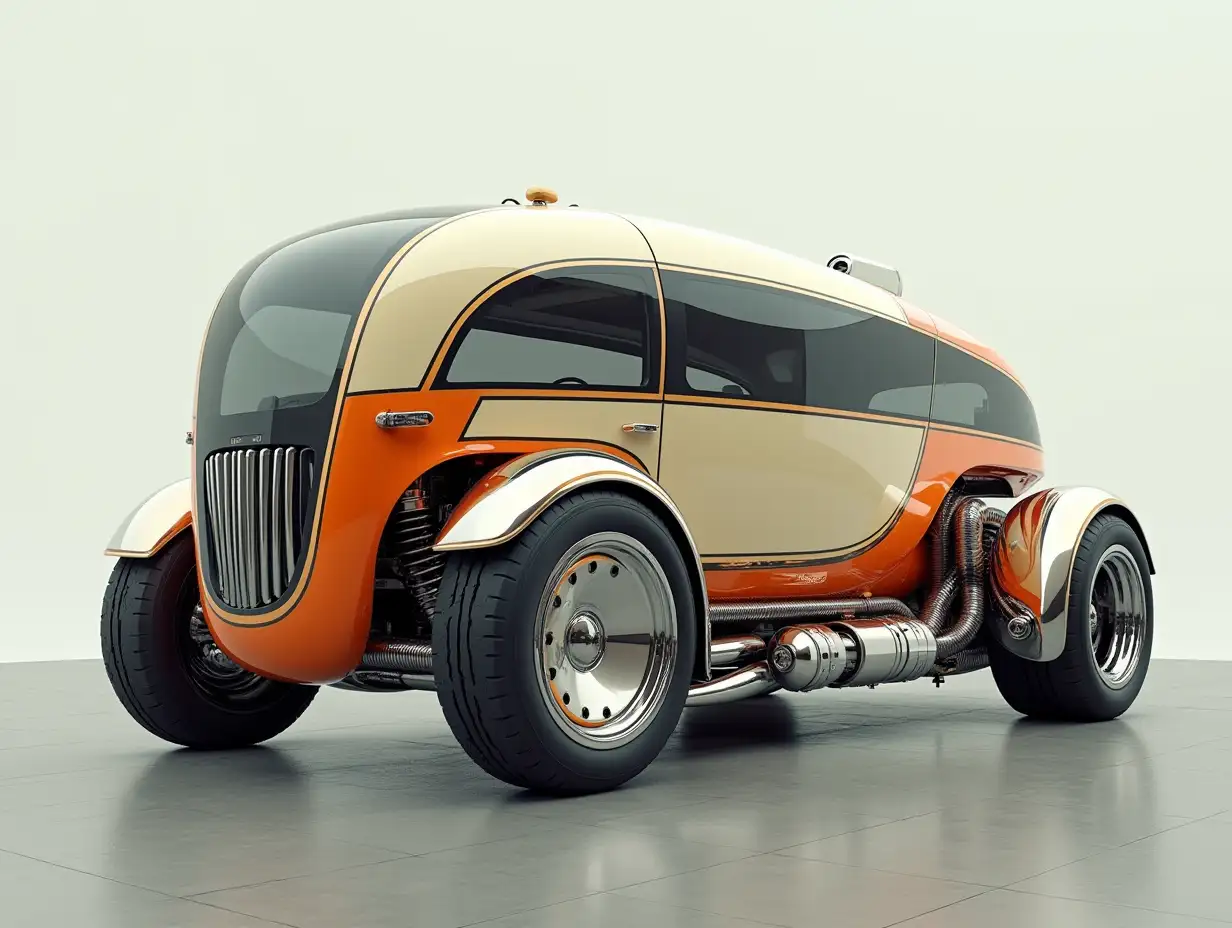 A supermodern utopian sportomnibus with gears, aluminum wheels, wide tires, cream, orange and silver colors, utopian, silver-black striped, chrome-wheels, Cyberpunk