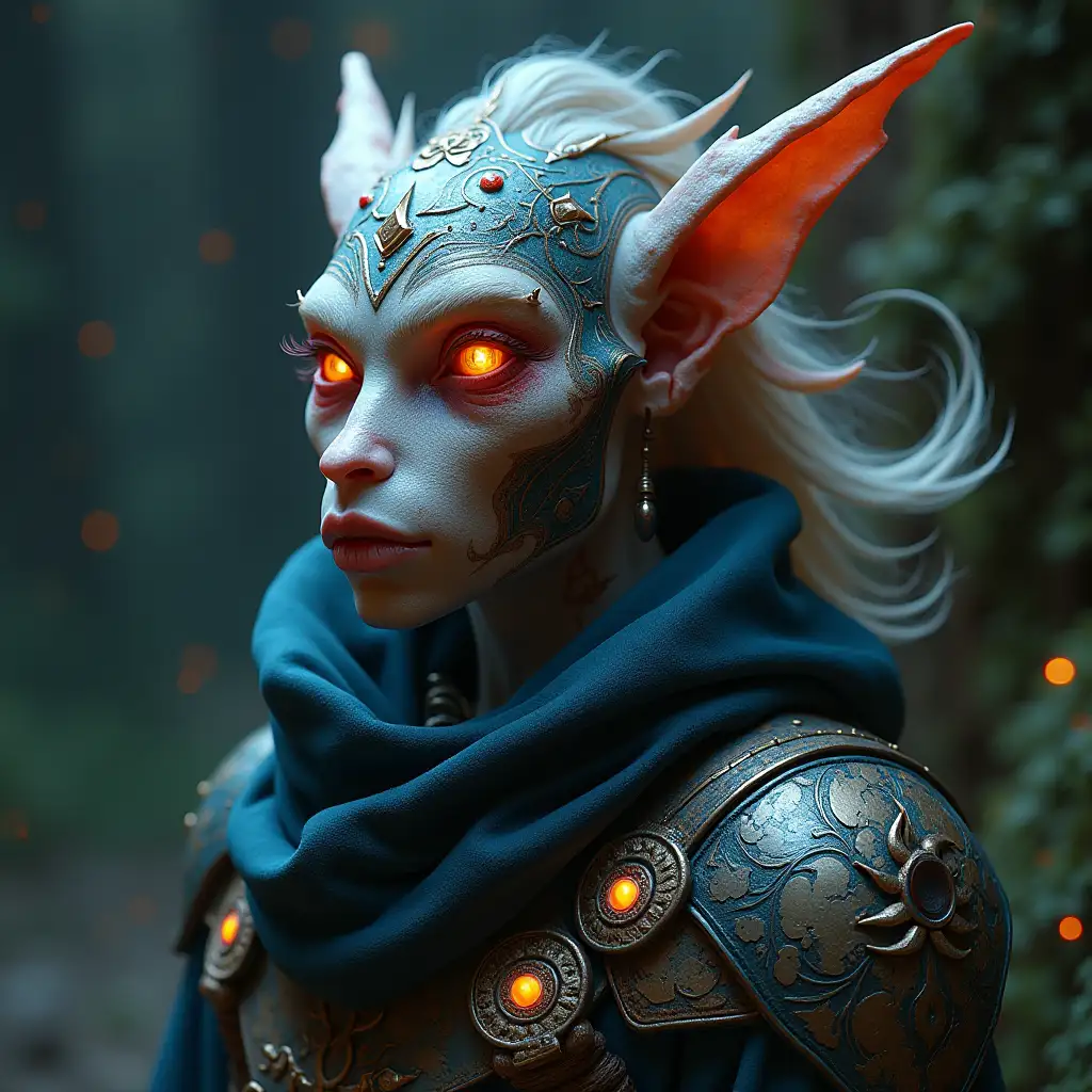 A mysterious and fantasy-themed character with a unique design that appears ugly and distorted up close but forms a beautiful and harmonious image from a distance. This artwork uses techniques that combine chaotic details and irregular colors, making it seem unbalanced up close while revealing its beauty and harmony from afar. The main character can be a warrior elf, a dark sorcerer, or any other fantasy creature, adorned with intricate armor, decorated clothing, and special elements like glowing lights or magical symbols. The color palette includes a mix of dark and bright shades to enhance this optical illusion effect.