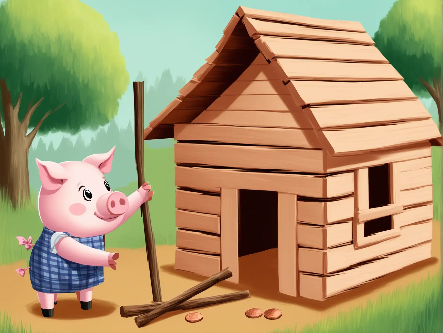 Penny the Pig Building a Stick House with Clothes On