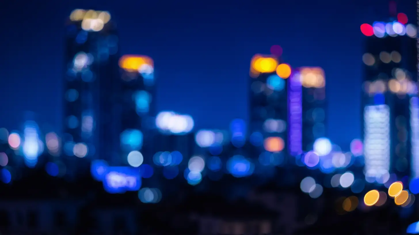 Cityscape at Night with Small Bokeh Lights in Dark Blue Hue