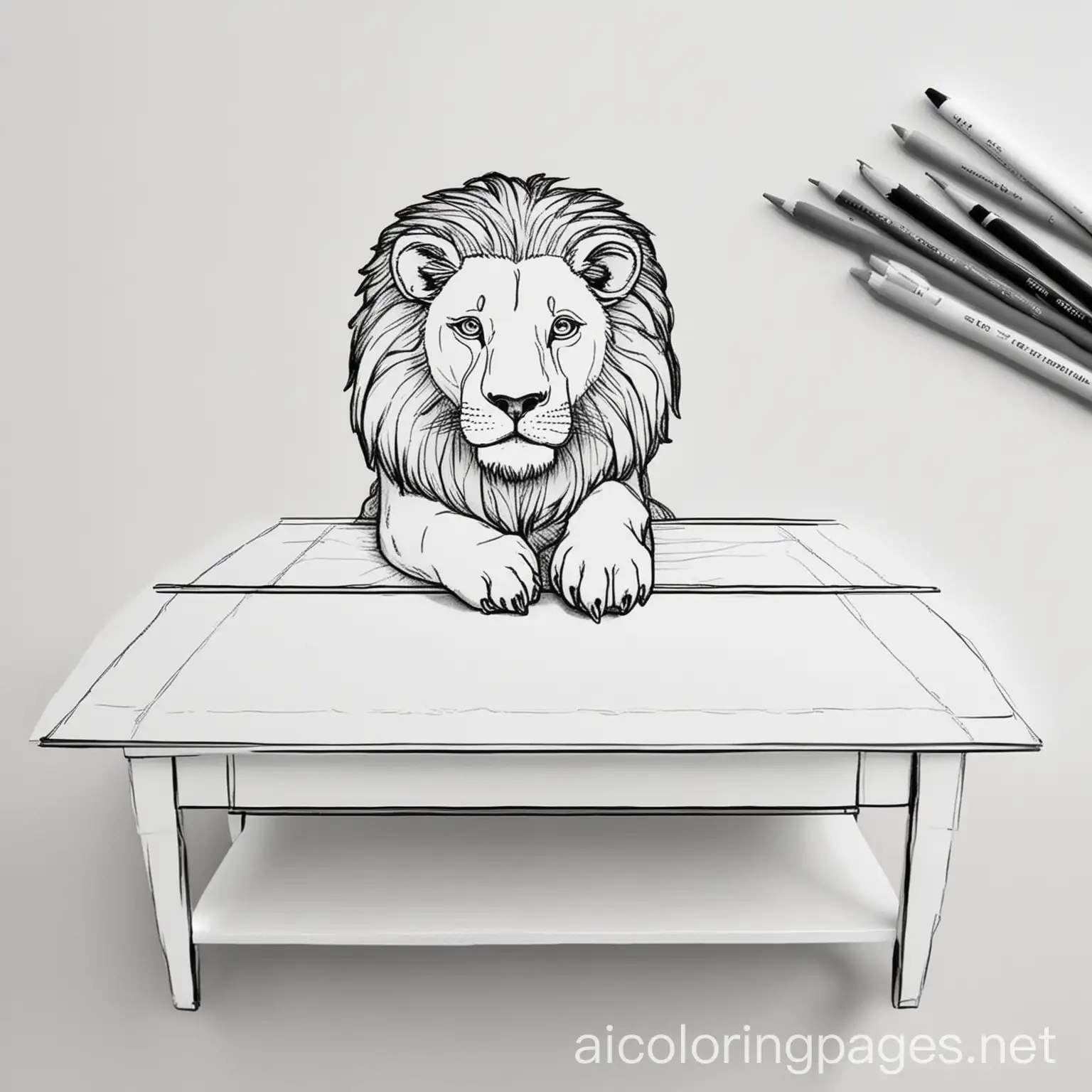 a lion on the table, Coloring Page, black and white, line art, white background, Simplicity, Ample White Space. The background of the coloring page is plain white to make it easy for young children to color within the lines. The outlines of all the subjects are easy to distinguish, making it simple for kids to color without too much difficulty